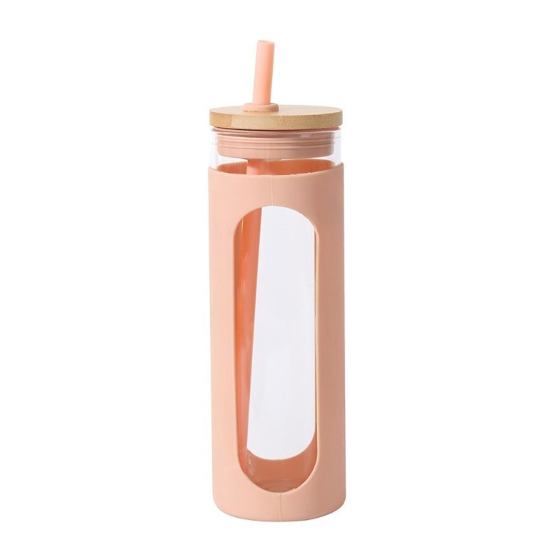 Glass Water Tumble Straw Silicone Bamboo Lids Iced Coffee Cup Bottle Reusable