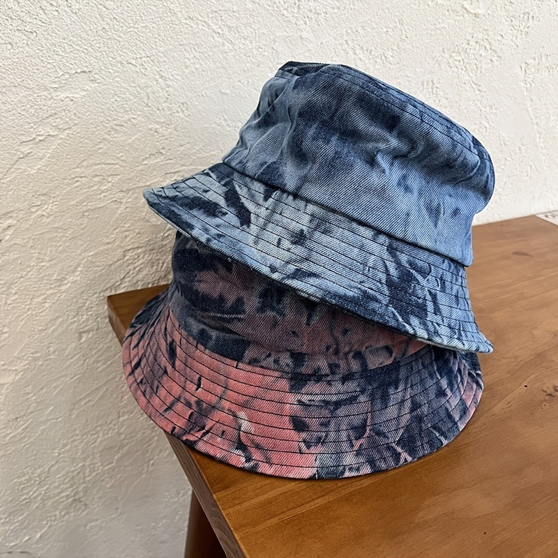 Washed Distressed Denim Bucket Hat Trendy Tie Dye Sunscreen Fisherman Cap Hip Hop Couple Hats Travel Beach Cap