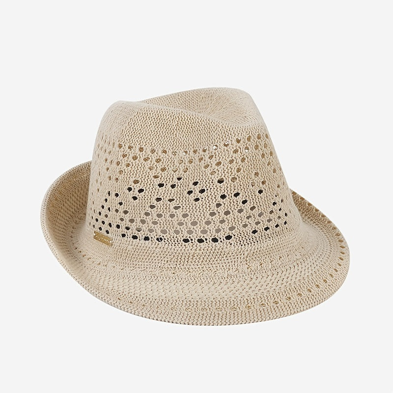 Short Brim Hollow Sun Hat Fedora; Iron Label Decor Breathable Straw Hats Outdoor Travel Beach Sunscreen Panama Hat