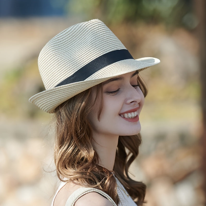 Khaki Sun Hat Iron Label Fedora Women Breathable Straw Hats Outdoor Beach Travel Sunscreen Cap Valentines Gifts