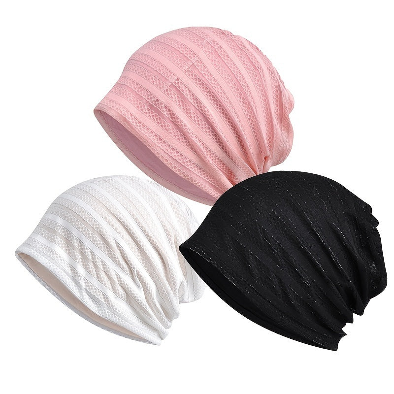 Women Solid Color Beanie Cap Thin Stripe Hollow Breathable Sunscreen Headwrap Trendy Casual Hats Valentine's Gifts For Her