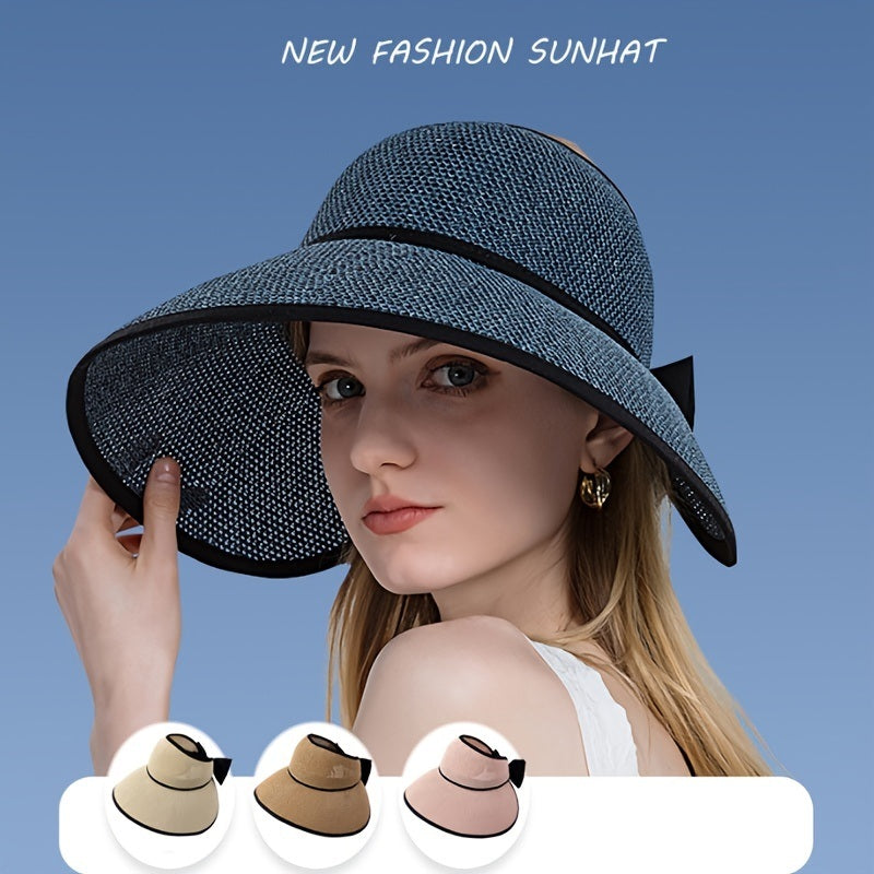 Foldable Empty Top Sun Cap; Summer Outdoor Sunscreen Wide Brim Beach Straw Hat With Bowknot Decor