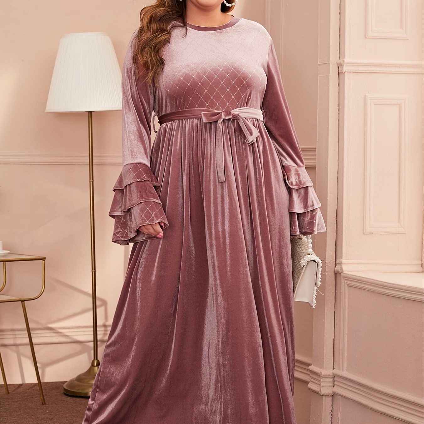 Plus Size Velvet Geometric Pattern Ruffle Sleeve Long Dress; Women's Plus Elegant Maxi Dress