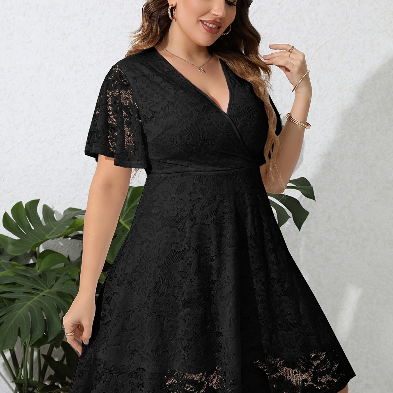 Plus Size Contrast Lace V Neck Ruffle Hem Midi Dress; Women's Plus Medium Stretch Elegant Bridal Wedding Dress