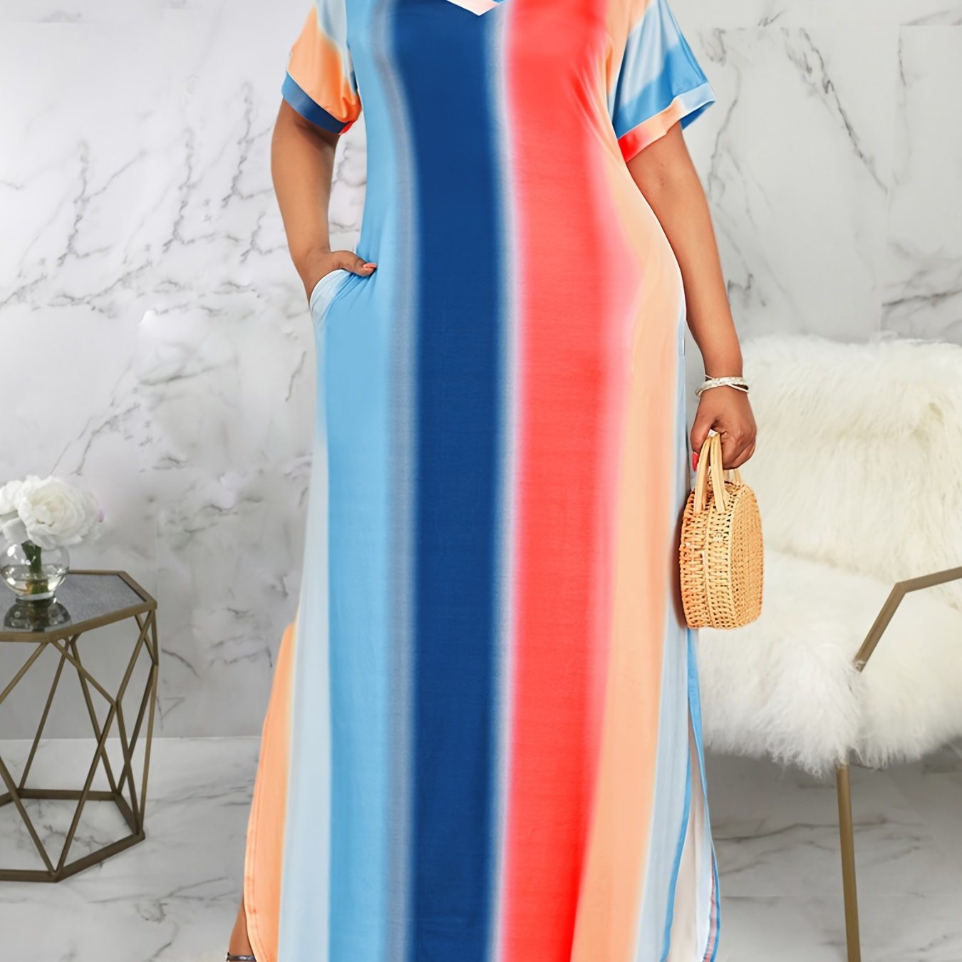 Plus Size Tie Dye Print V Neck Short Sleeve Maxi Dress With Pocket; Women's Plus Medium Stretch Elegant Long Dress