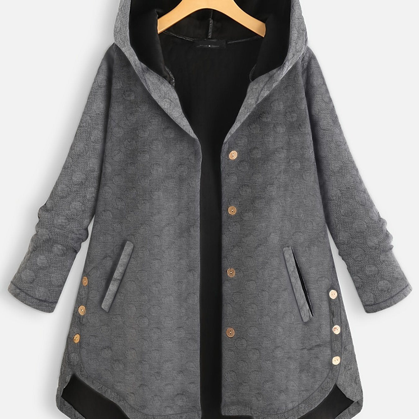 Plus Size Bubble Textured Long Sleeve Hoodie Coat; Women's Plus Button Up Oversized Casual Coat