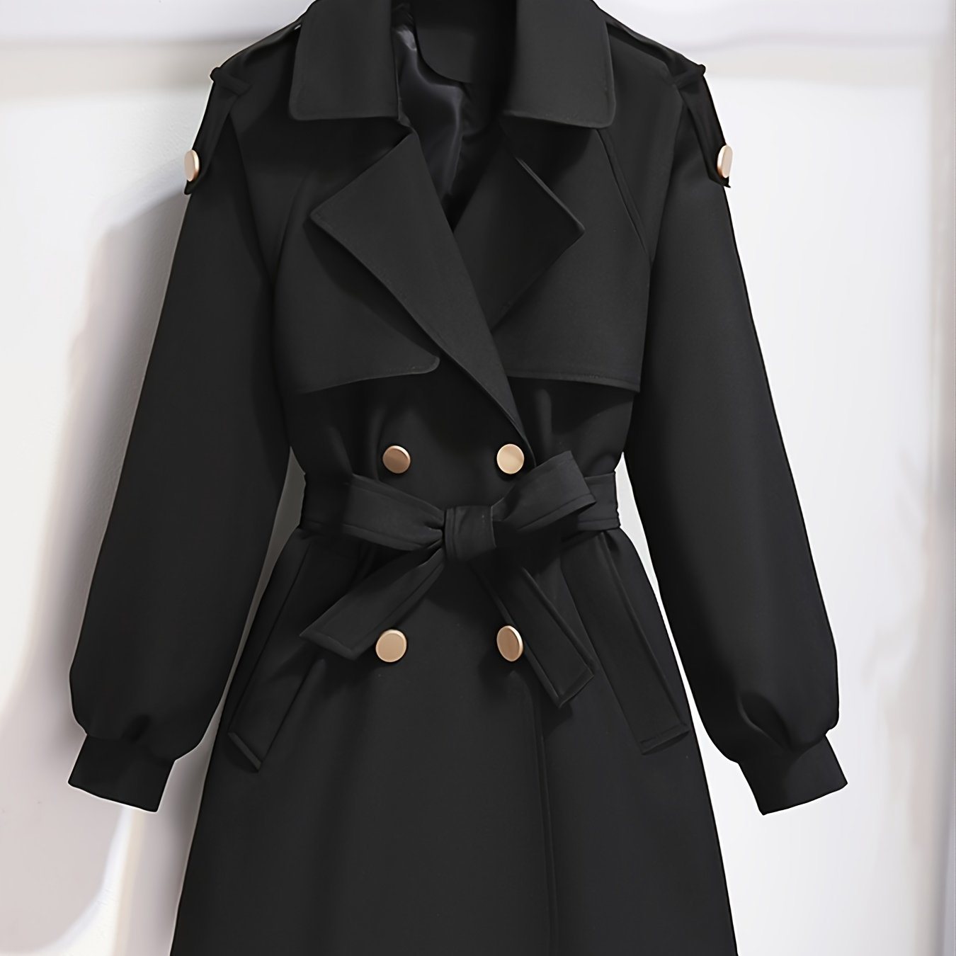 Plus Size Solid Lantern Sleeve Button Up Trench Coat With Belt; Women's Plus Double Breast Casual Trench Coat