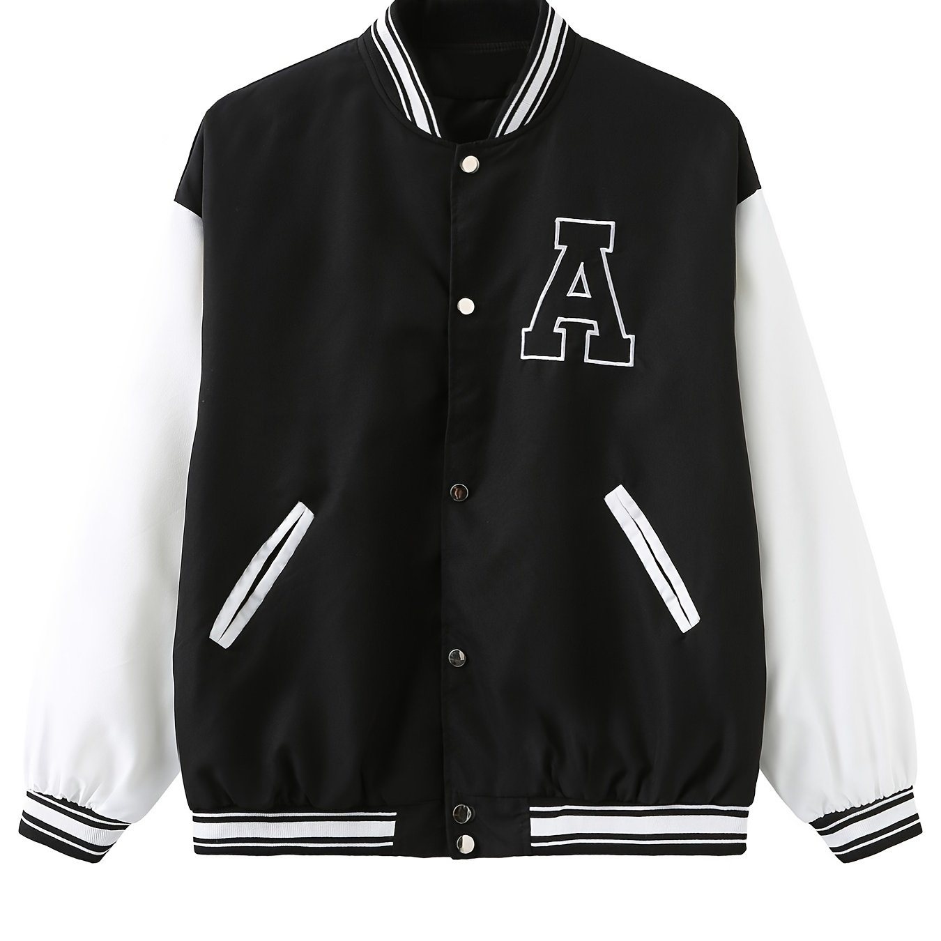 Plus Size Colorblock Letter Print Long Sleeve Varsity Jackets; Women's Plus Casual Baseball Jacket