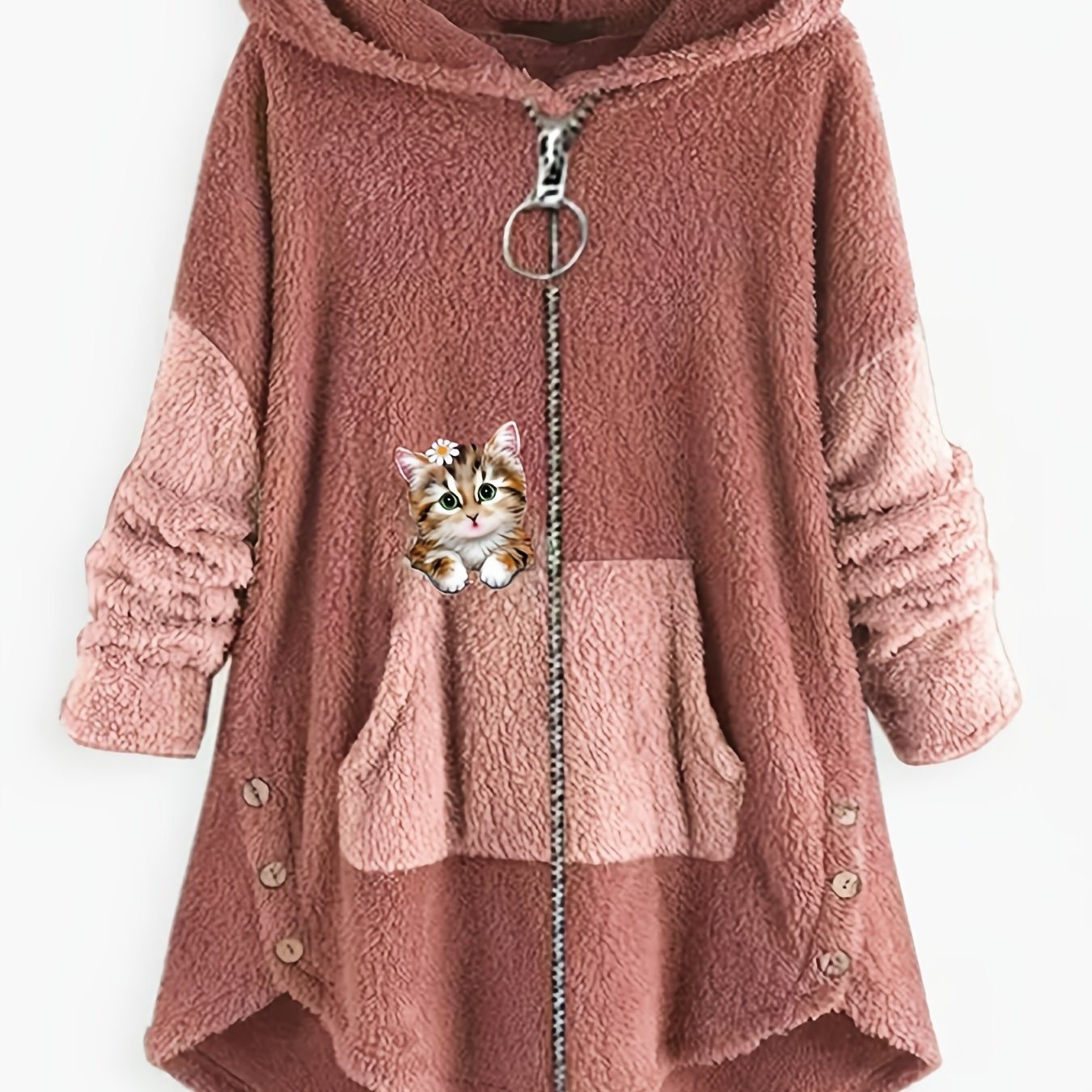 Plus Size Fuzzy Zipper Hoodie Long Sleeve Coat; Women's Plus Slight Stretch Coat With Pockets