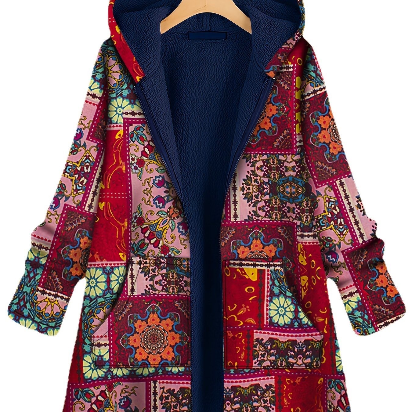 Plus Size Floral Print Long Sleeve Fleece Liner Hoodie Coat; Women's Plus Plush Button Up Coat