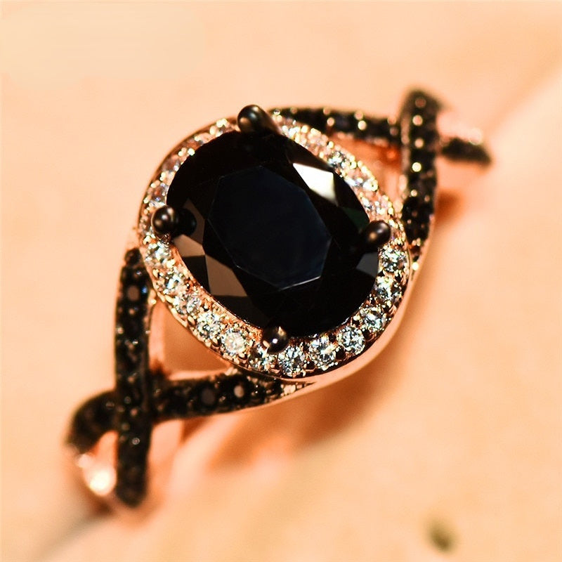 Exquisite Large Oval Stone X Ring Women's Black Zircon Ring Women's Wedding Band Bridal Engagement Wedding Ring Jewelry