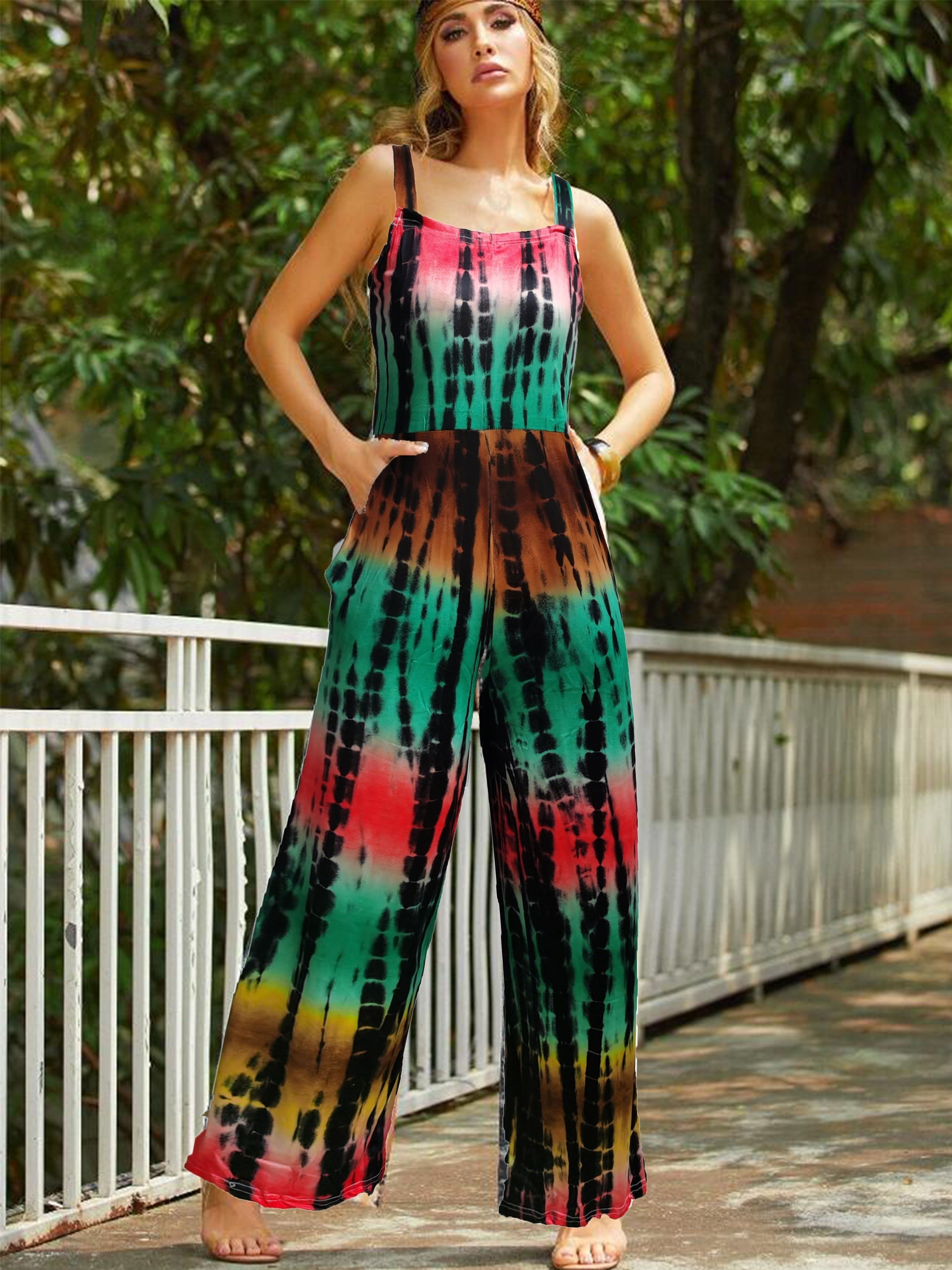 Tie Dye Sleeveless Jumpsuit; Casual Dual Pocket Wide Leg Jumpsuit