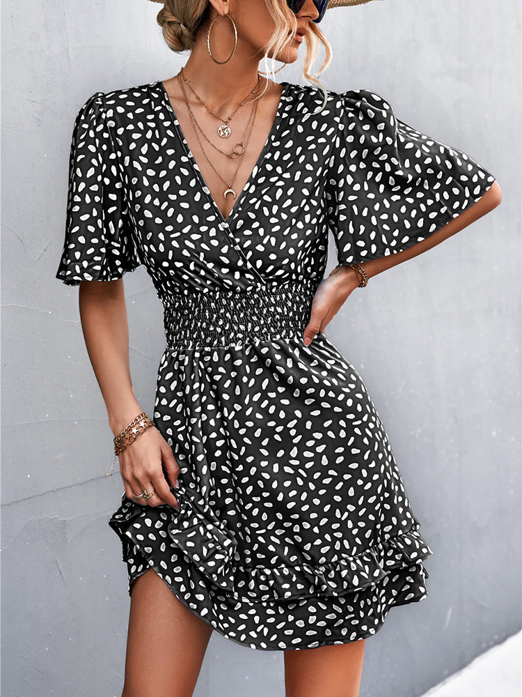 Sexy V Neck Mini Dress For Women Fashion Floral Slim Short Dresses Female Lotus Leaf Sleeve Elegant Dress Summer Vestido Mujer