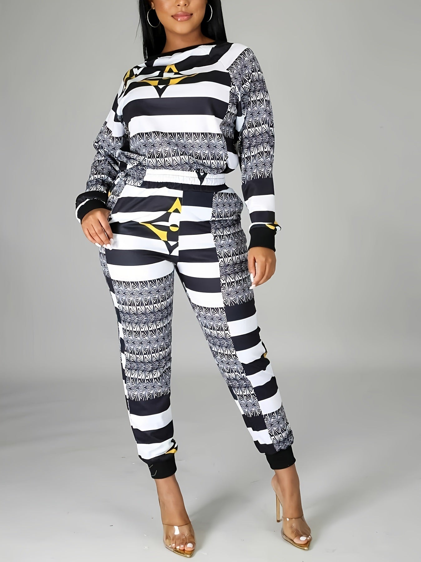 Casual Striped Random Print 2pc Set; Long Sleeve Loose Casual Tops & High Waist Long Length Pants Set