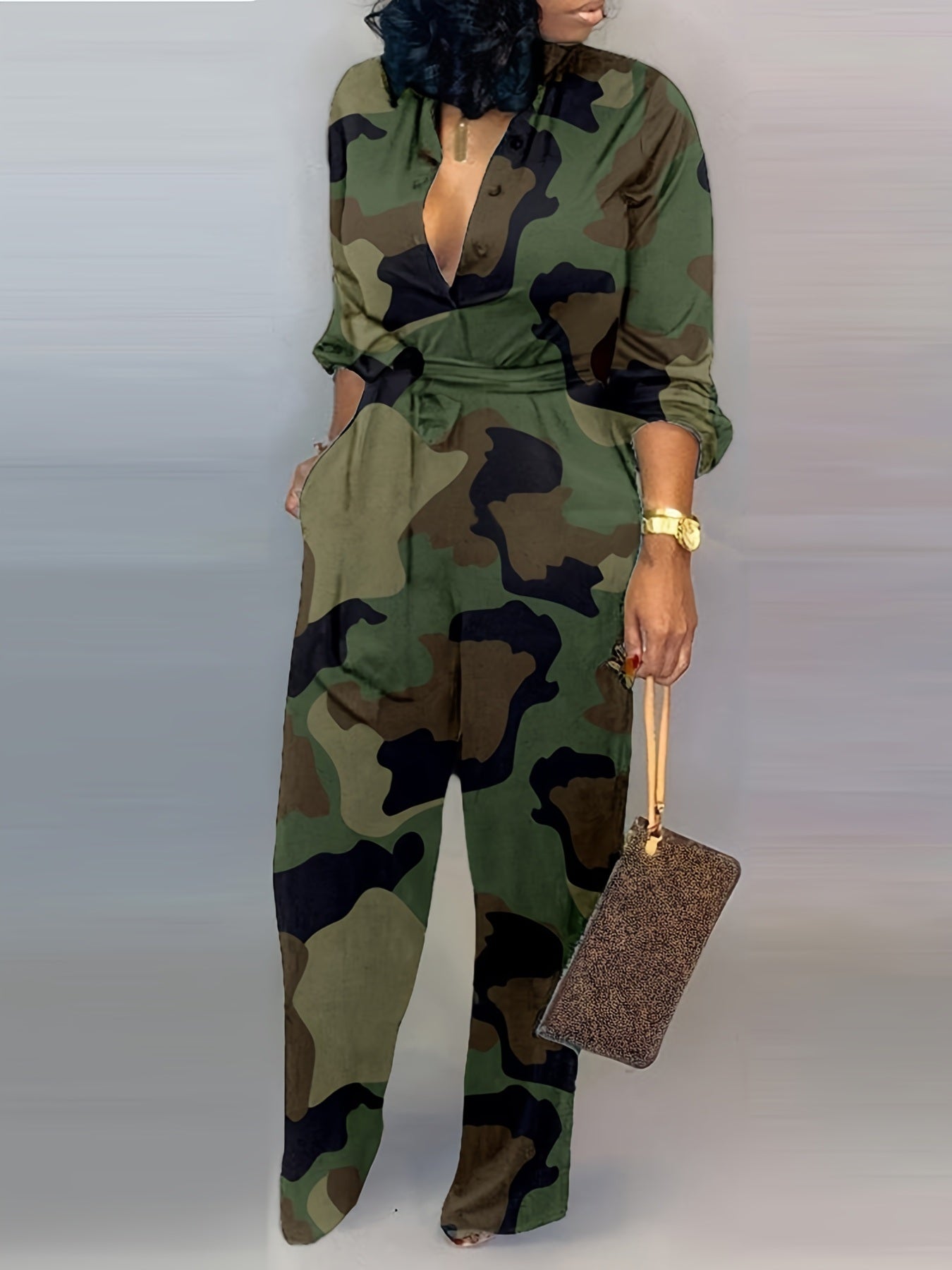 Women's Fashion Jumpsuit; Pocket Wide-leg Pants Camouflage Jumpsuit