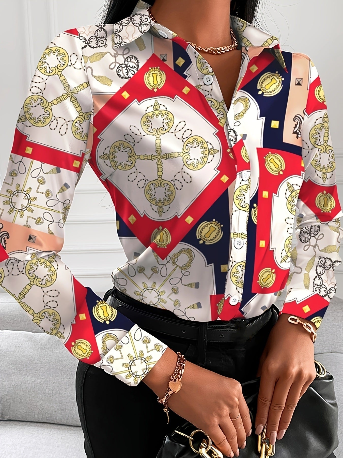 Women's Blouse V-neck Print Button Long Sleeve Loose Fall Blouse