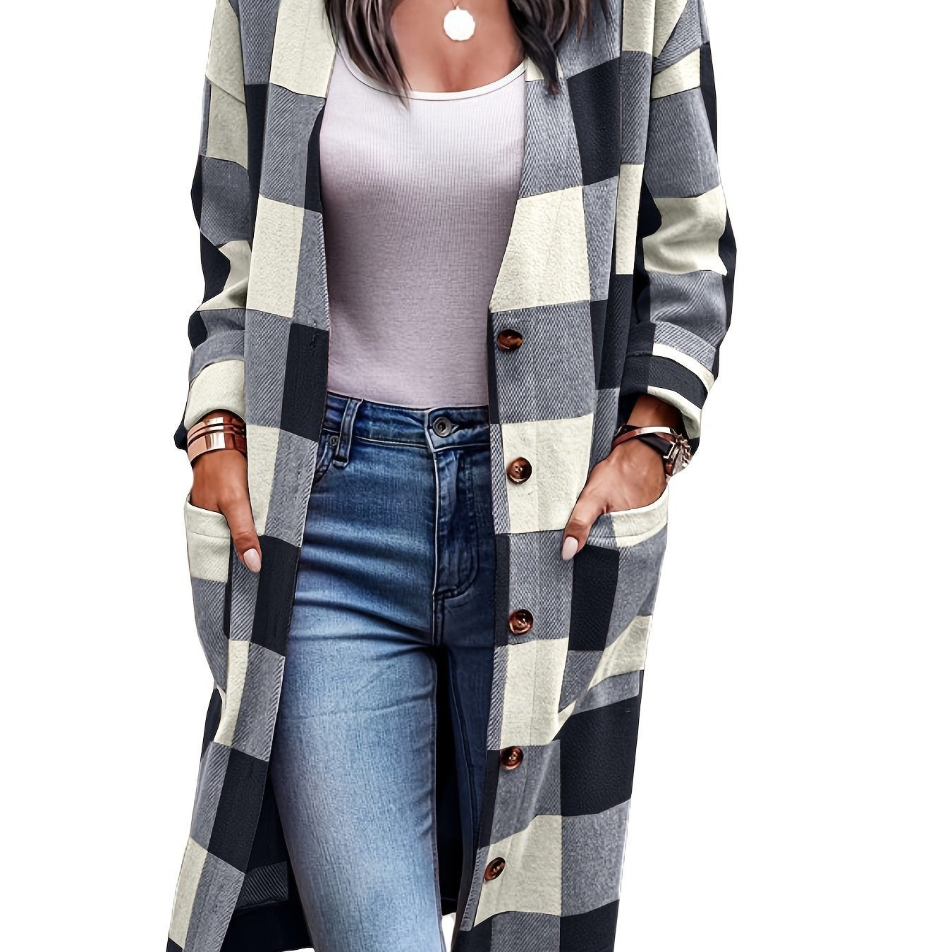 Plus Size Plaid Pattern Pockets Longline Coat; Women's Plus Long Sleeve Casual Coat