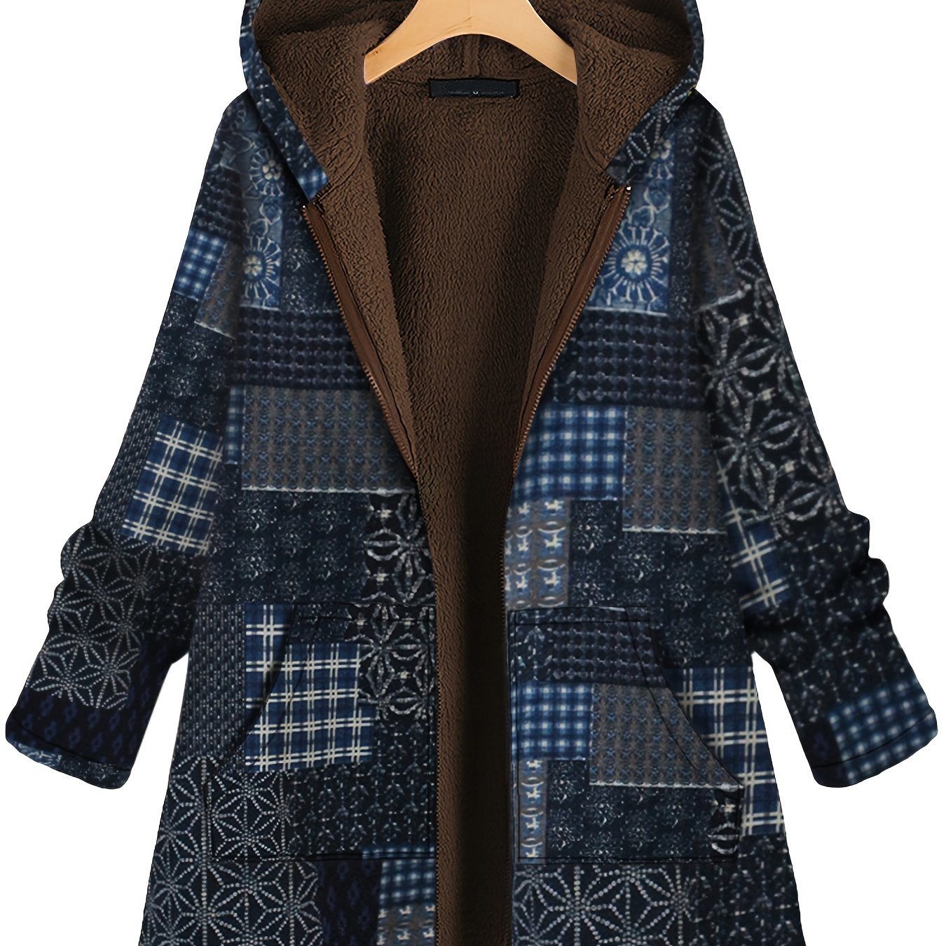 Plus Size Patchwork Print Hoodie Fleece Liner Thermal Coat; Women's Plus Long Sleeve Casual Coat