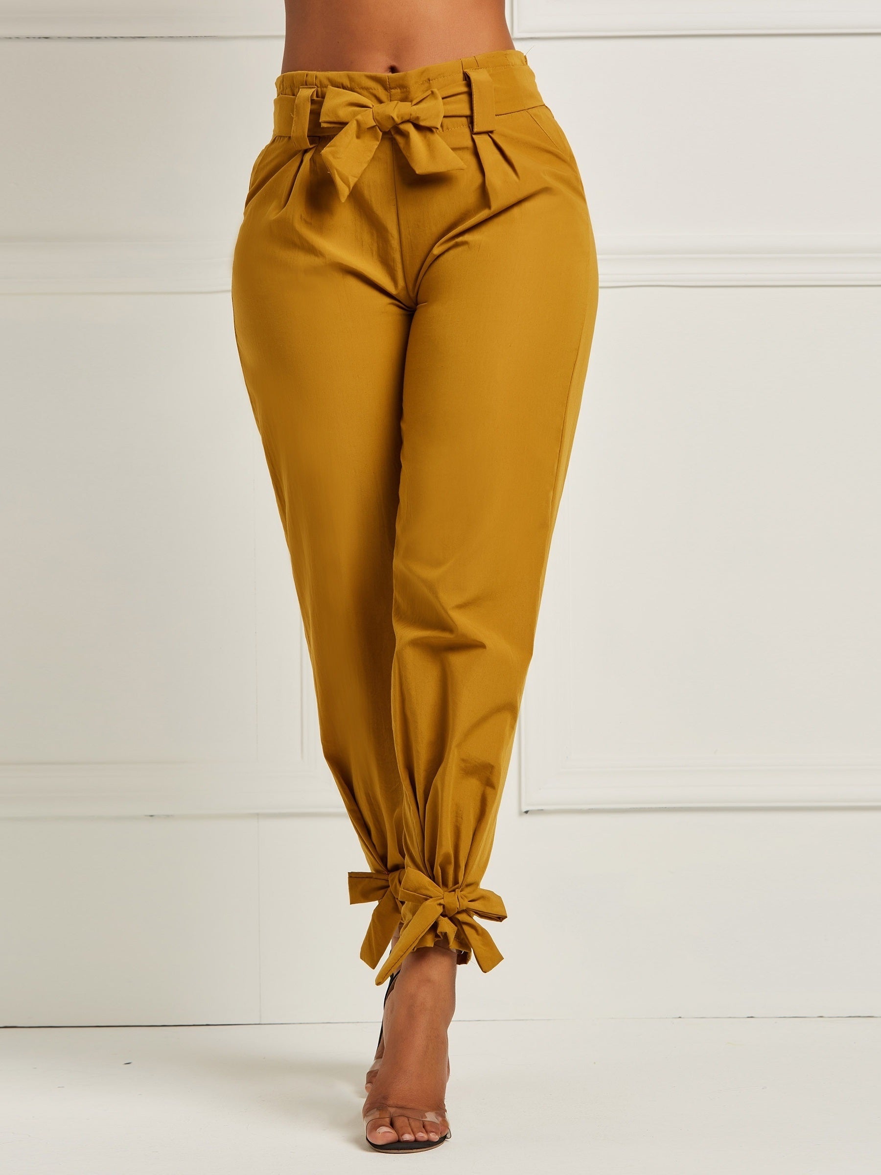 Solid Bowknot Loose Pencil Pants; Mature High Stretch High Waist Pants For Spring & Fall