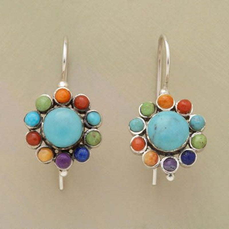 New Vintage 925 Silver Needle Multicolor Blue Ston Round Earrings Ethnic Personality Hook Drop Earrings For Women