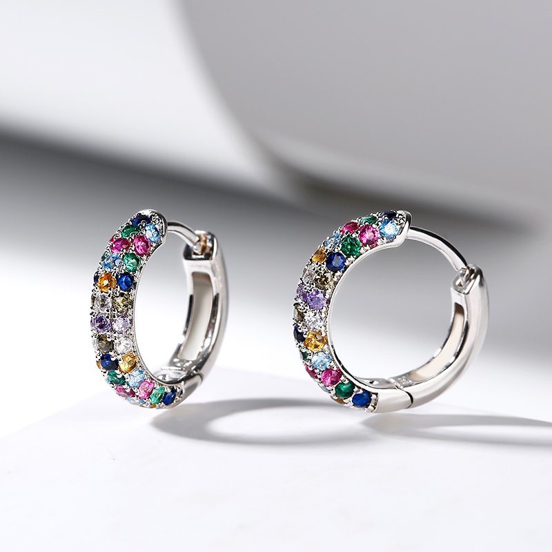 Earring Set Mini Round Silver Plate Fashion Hoop Earrings Jewelry Luxury Women Zircon Colorful