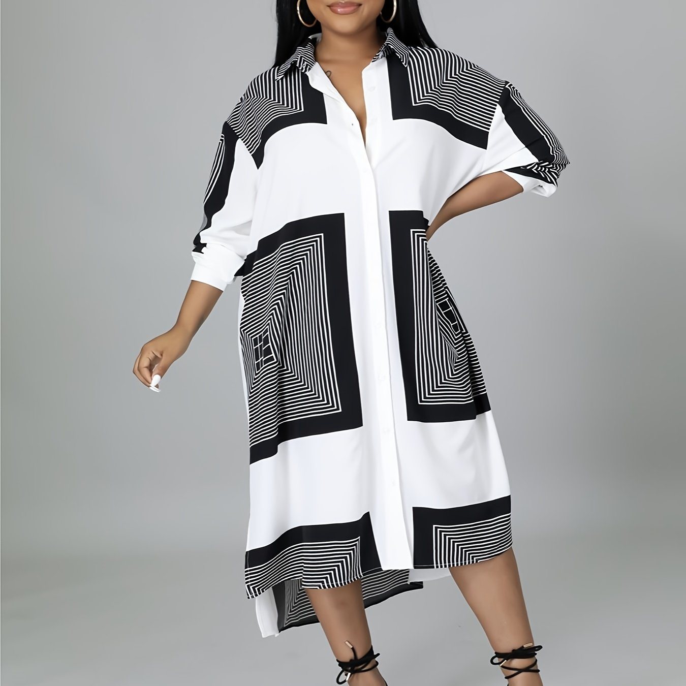 Plus Size Colorblock Geometric Print Shirt Dress; Women's Plus Turn Down Collar Shirt Dress