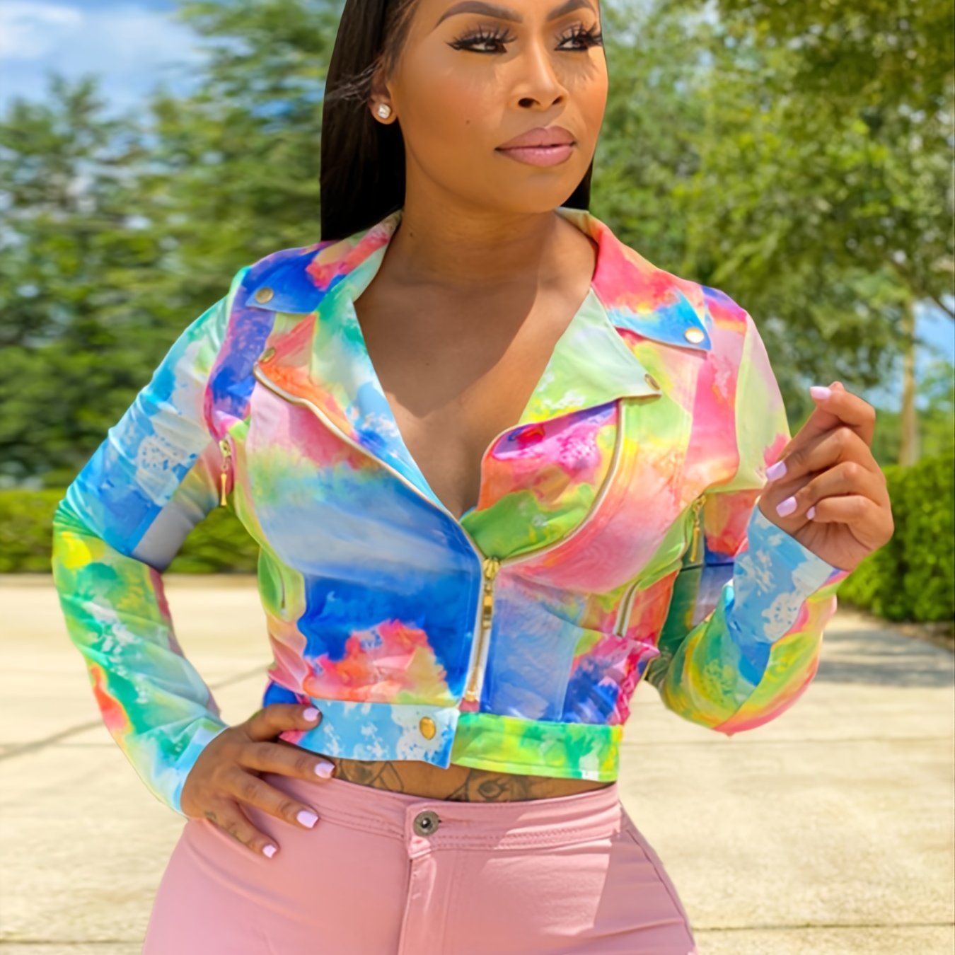 Plus Size Fashion Print Long Sleeve Crop Motorcycle Jacket; Women's Plus Slight Stretch Outerwear