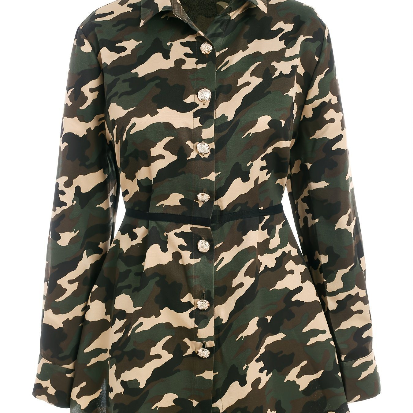 Plus Size Camo Print Button Front High Low Coat; Women's Plus Casual Fashion Outerwear