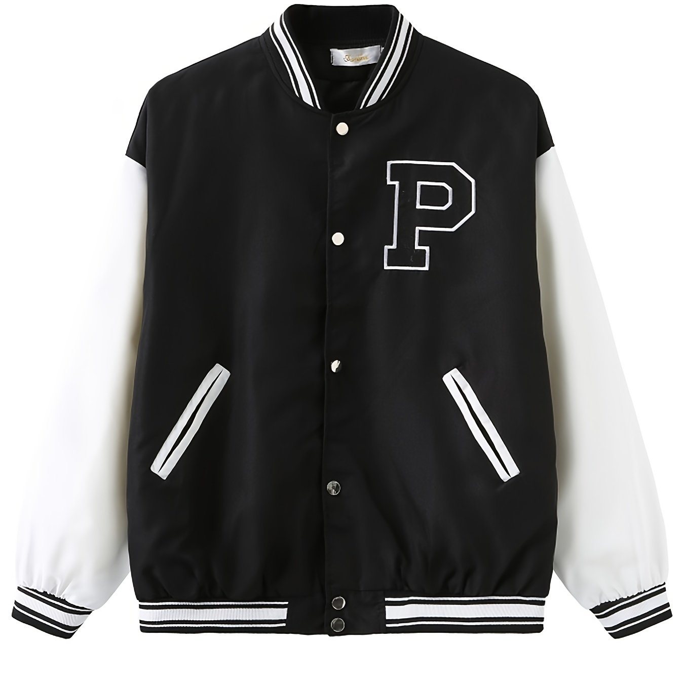 Plus Size Letter P Embroidered Colorblock Varsity Jacket; Women's Plus Button Down Casual Baseball Jacket