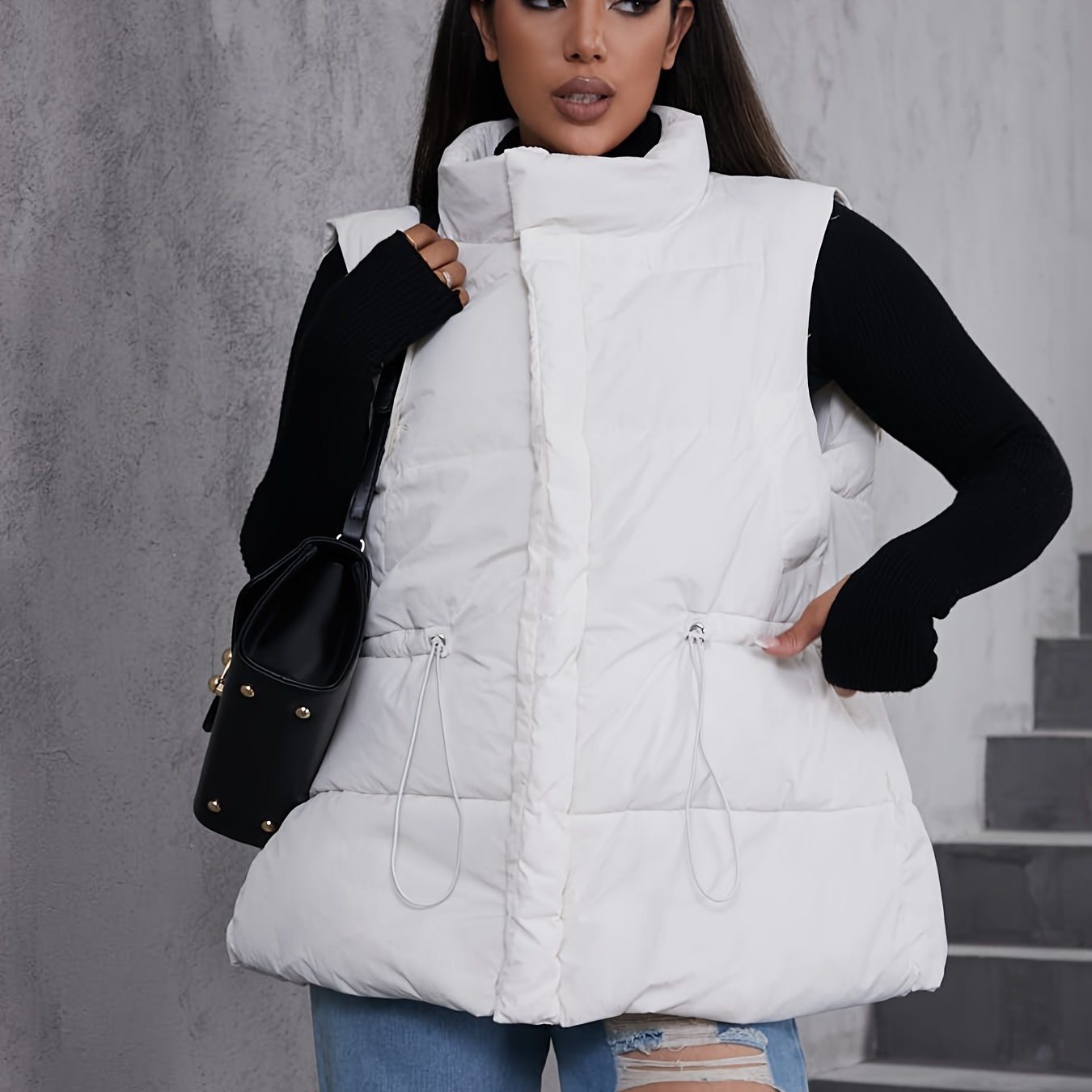 Plus Size Solid High Neck Puffer Down Vest; Women's Plus Elegant Ruched Back Winter Down Vest