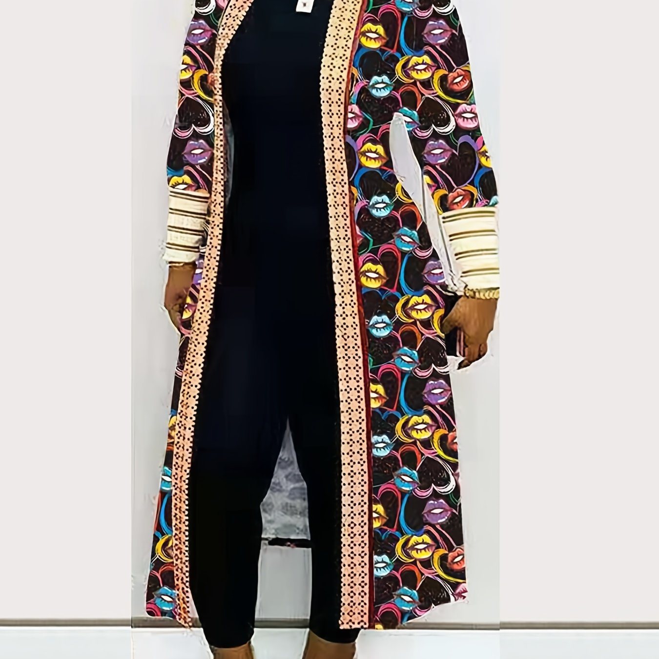 Plus Size Graphic Print Long Sleeve Cardigan; Women's Plus Elegant Slight Stretch Cardigan; Coat