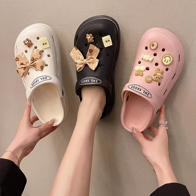 Women's Lightweight Cute Clogs; Bow Tie Decor Breathable Hollow Out Closed Toe Slippers; Women's Round Toe Slides; women's crocs