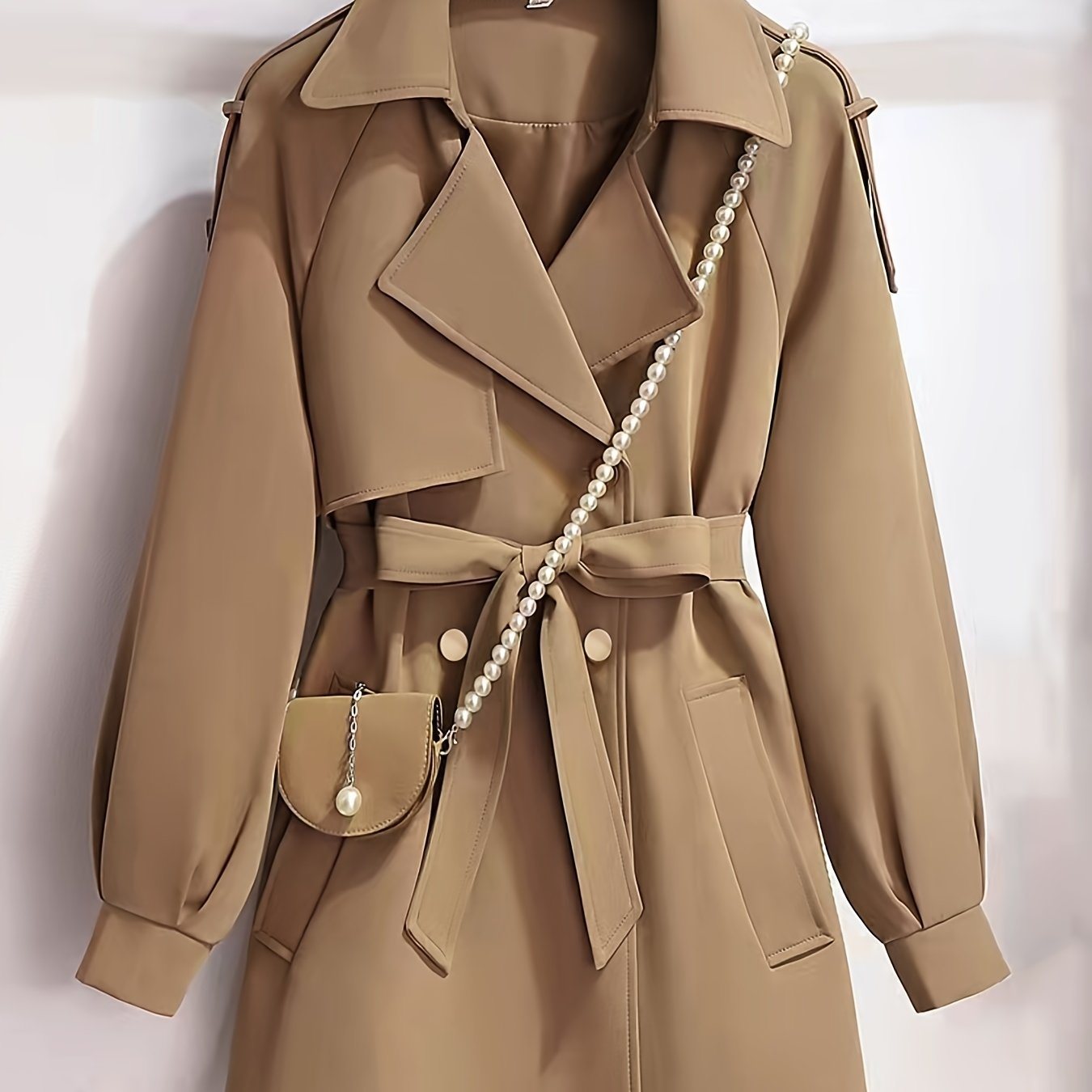 Plus Size Solid Lantern Sleeve Button Up Trench Coat With Belt; Women's Plus Double Breast Casual Trench Coat