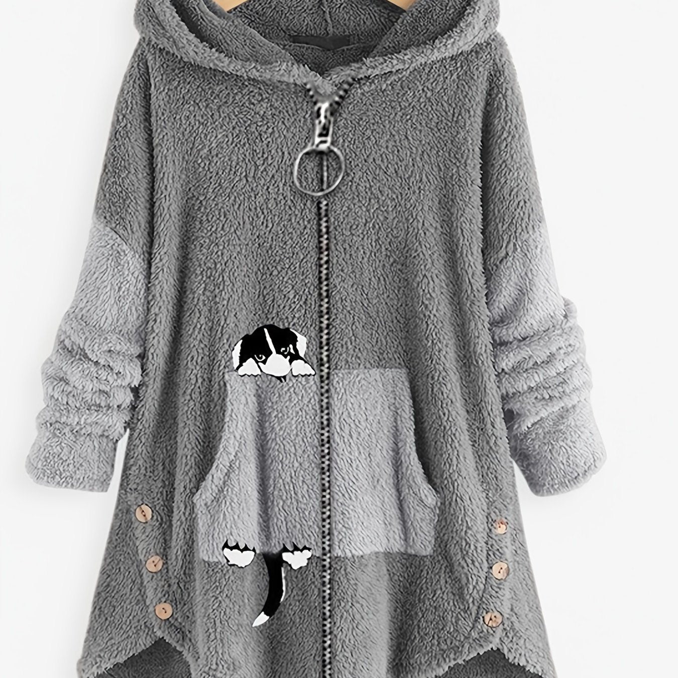 Plus Size Cartoon Puppy Print Colorblock Zip Up Hoodie Fuzzy Coat; Women's Plus Slight Stretch Casual Coat