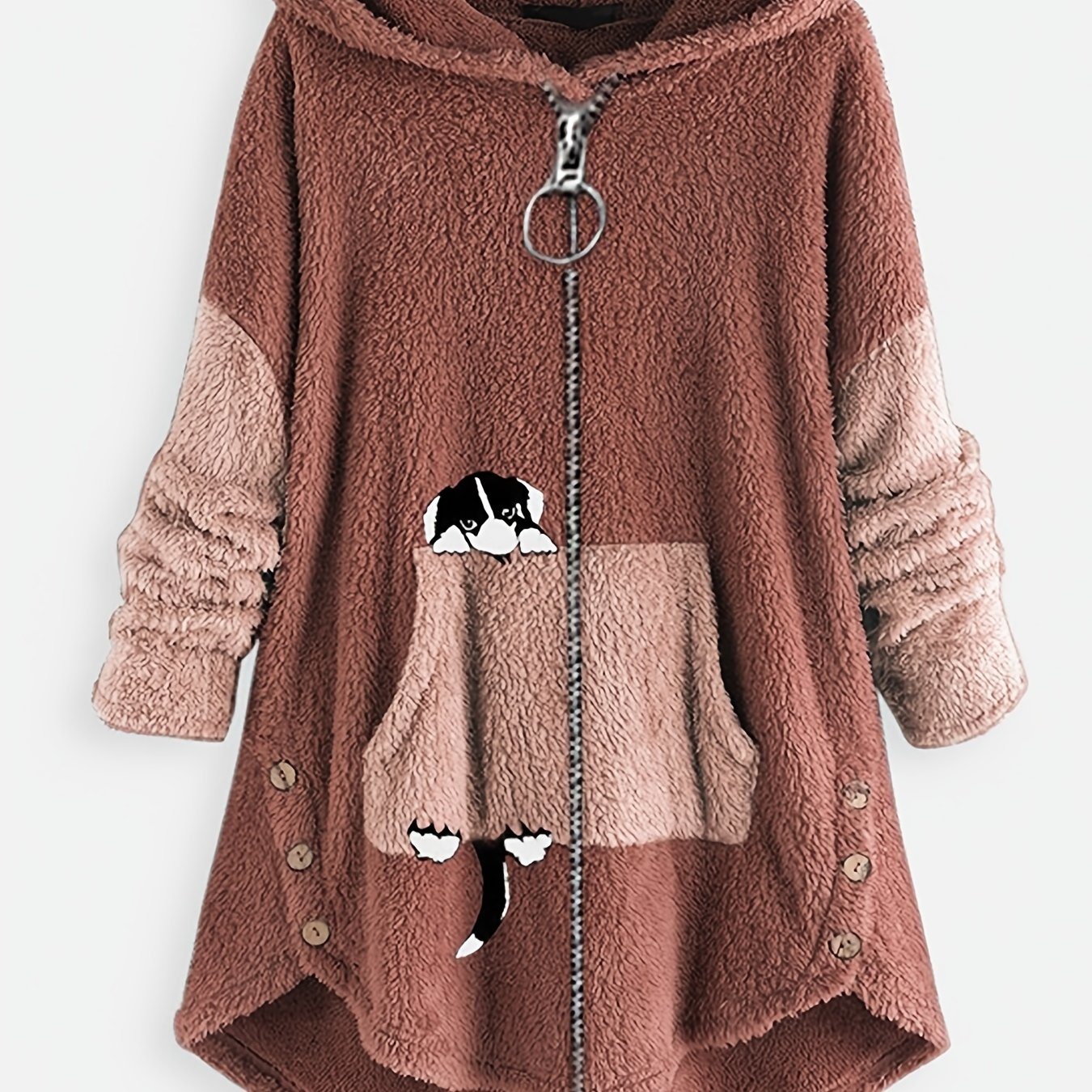 Plus Size Cartoon Puppy Print Colorblock Zip Up Hoodie Fuzzy Coat; Women's Plus Slight Stretch Casual Coat