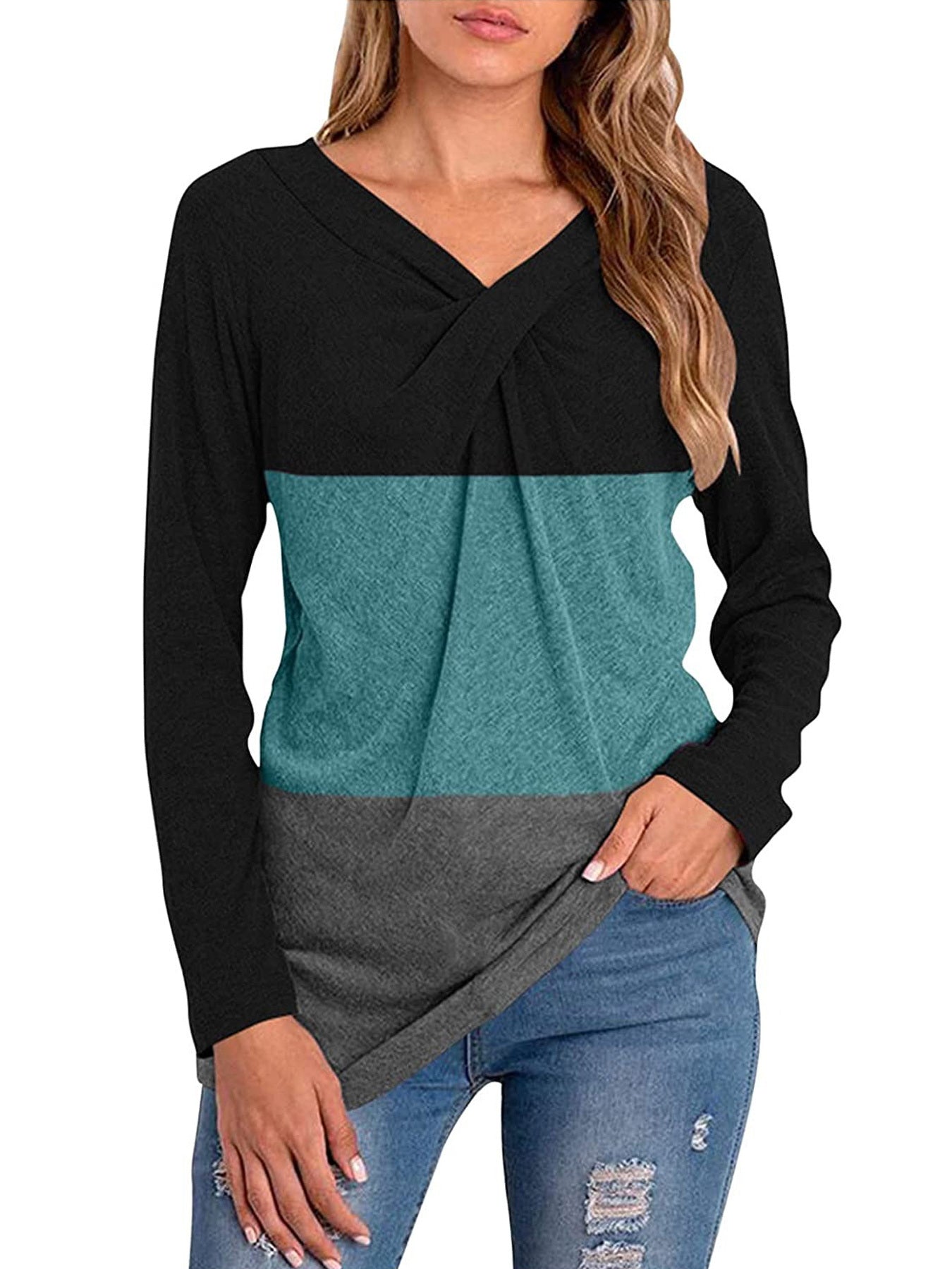 Women's T-shirt Color Block Long Sleeve Twist Neck T-shirts