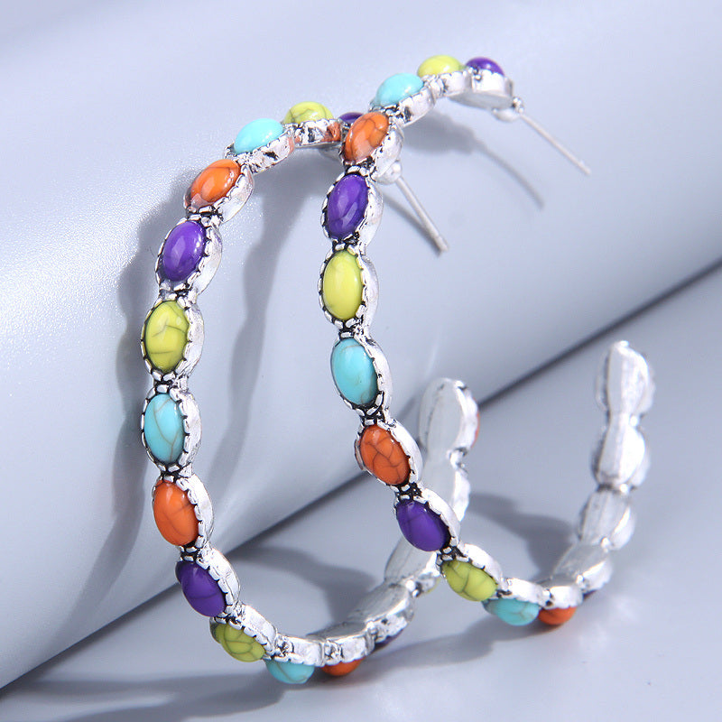 Turquoise Bohemian Metal Hoop Earrings Silver Plated Temperament Jewelry Party Personality Decor For Women Girls 1Pair