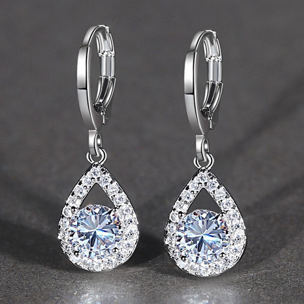 Round White Sapphire Drop Earrings For Female White Golden Dangle Hoop Earrings Bride Wedding Jewelry Gifts