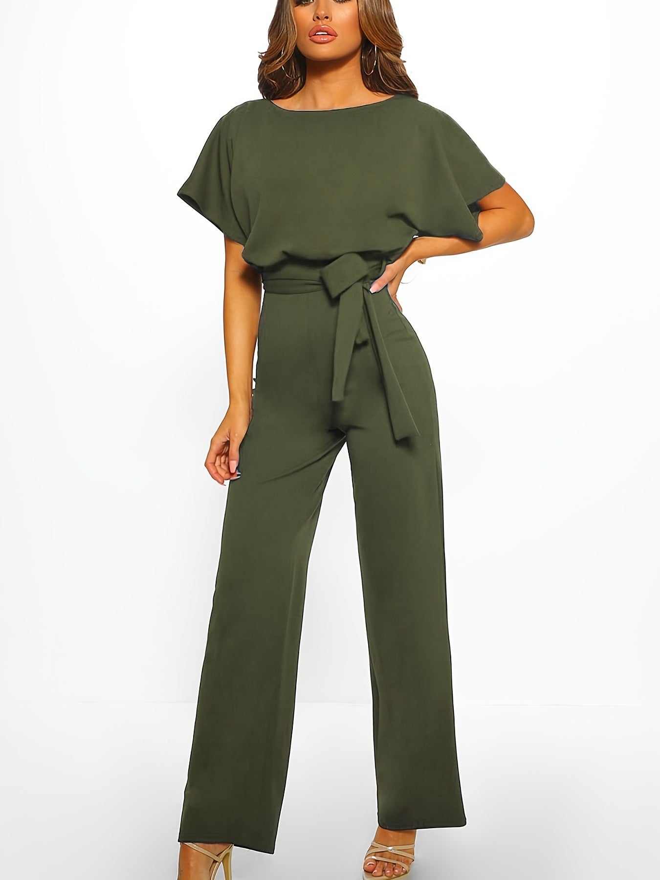 Solid Crew Neck Short Sleeve Jumpsuit; High Waist Wide Leg Long Length With Belt Jumpsuit