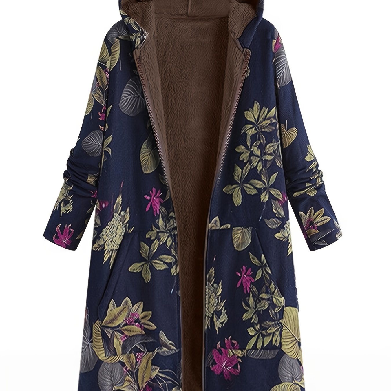 Plus Size Floral Print Fleece Liner Hoodie Coat; Women's Plus Casual Slight Stretch Winter Coat