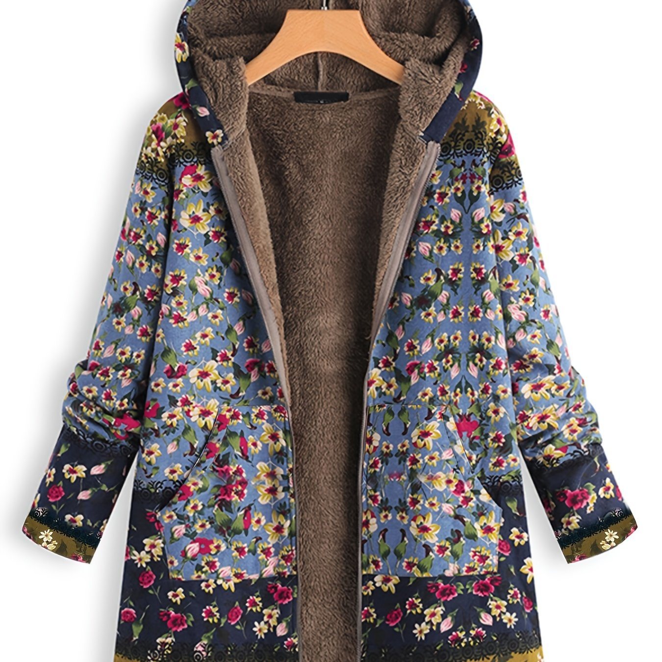 Plus Size Fleece Liner Floral Print Hoodie Coat; Women's Plus Faux Fur Casual Winter Coat