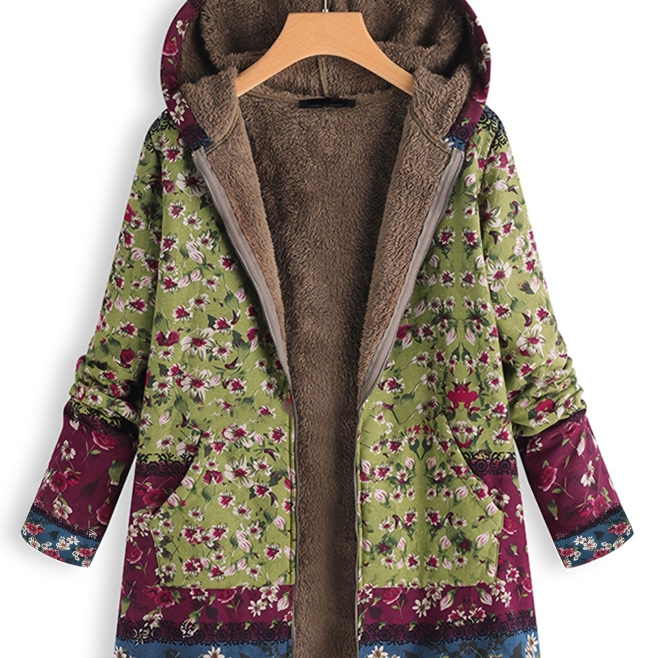 Plus Size Fleece Liner Floral Print Hoodie Coat; Women's Plus Faux Fur Casual Winter Coat