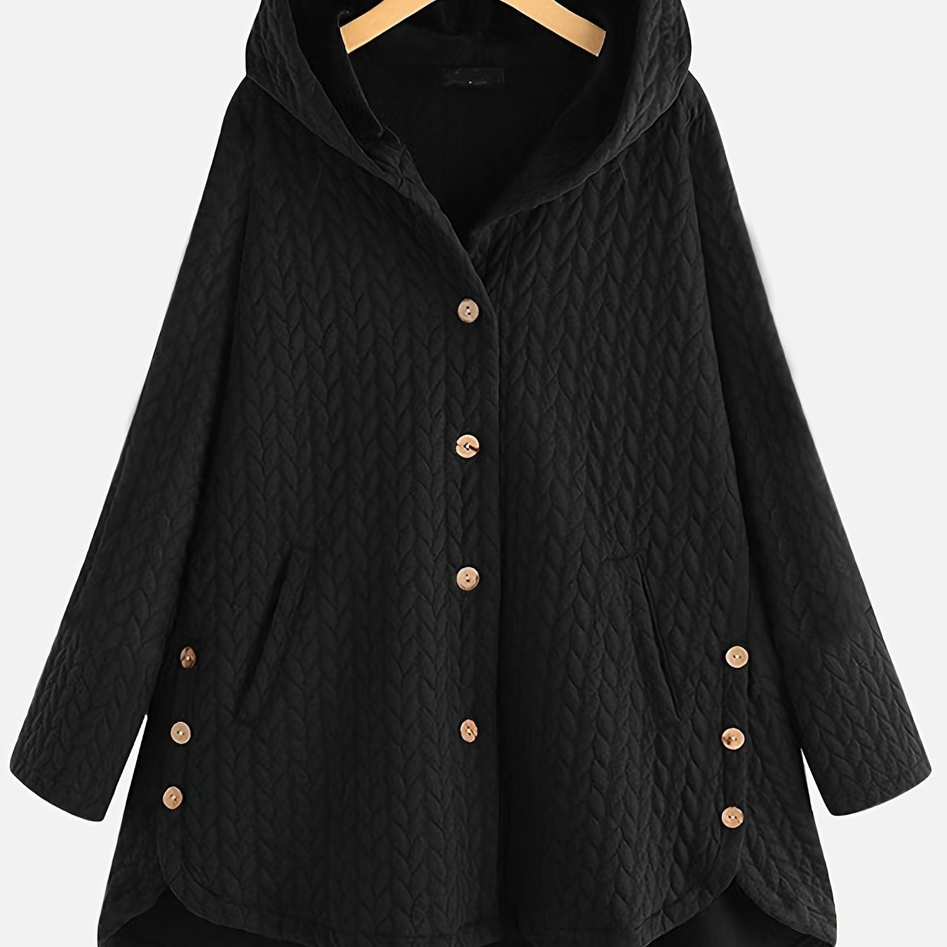 Plus Size Solid Jacquard Long Sleeve Hoodie Coat; Women's Plus Button Up Casual Coat With Pockets