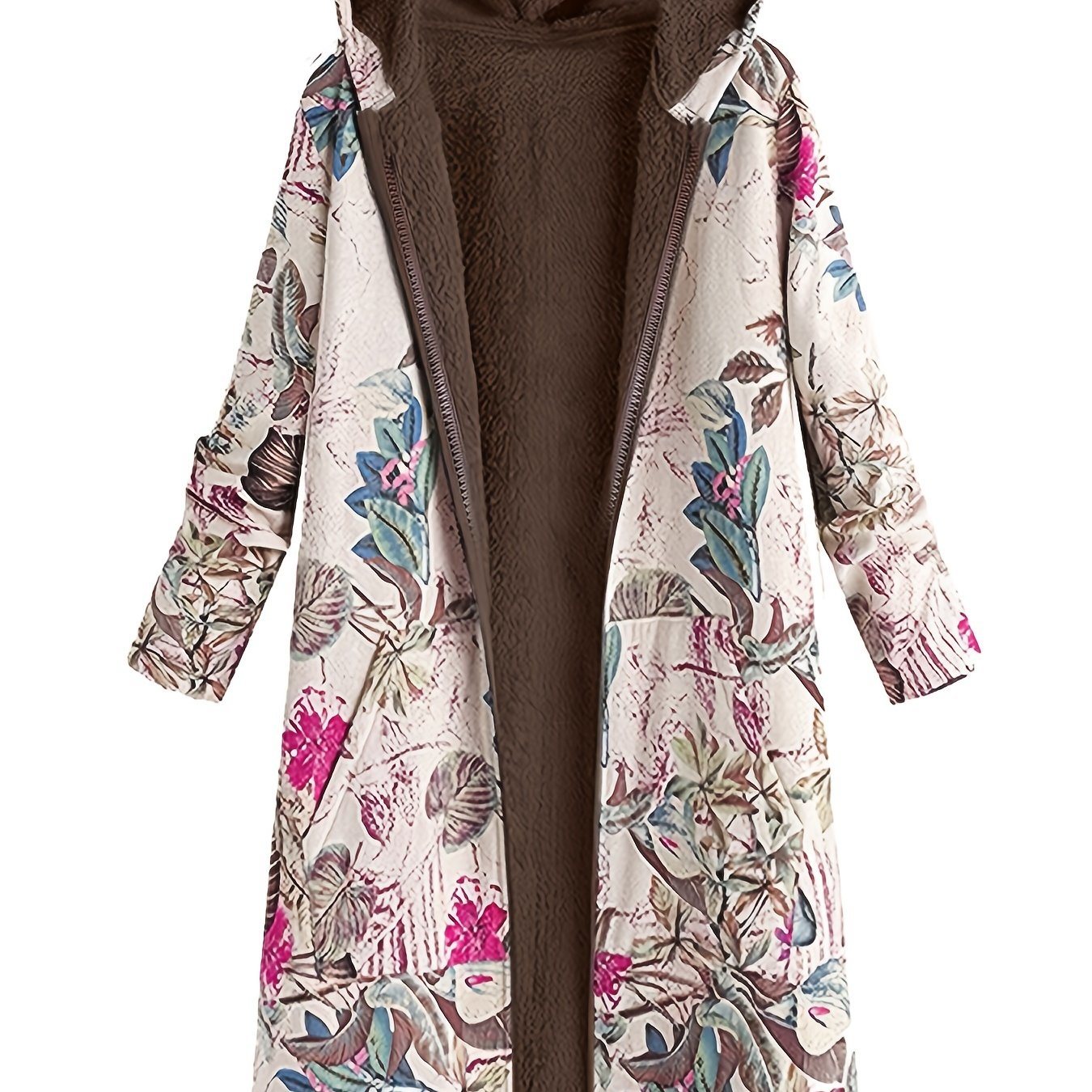 Plus Size Floral Print Fleece Liner Hoodie Coat; Women's Plus Casual Slight Stretch Winter Coat