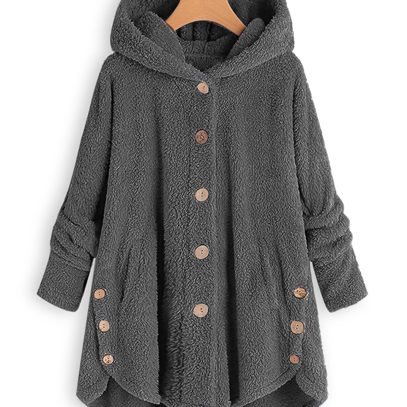 Plus Size Fuzzy Solid Hoodie Long Sleeve Oversized Coat; Women's Plus Slight Stretch Casual Overcoat