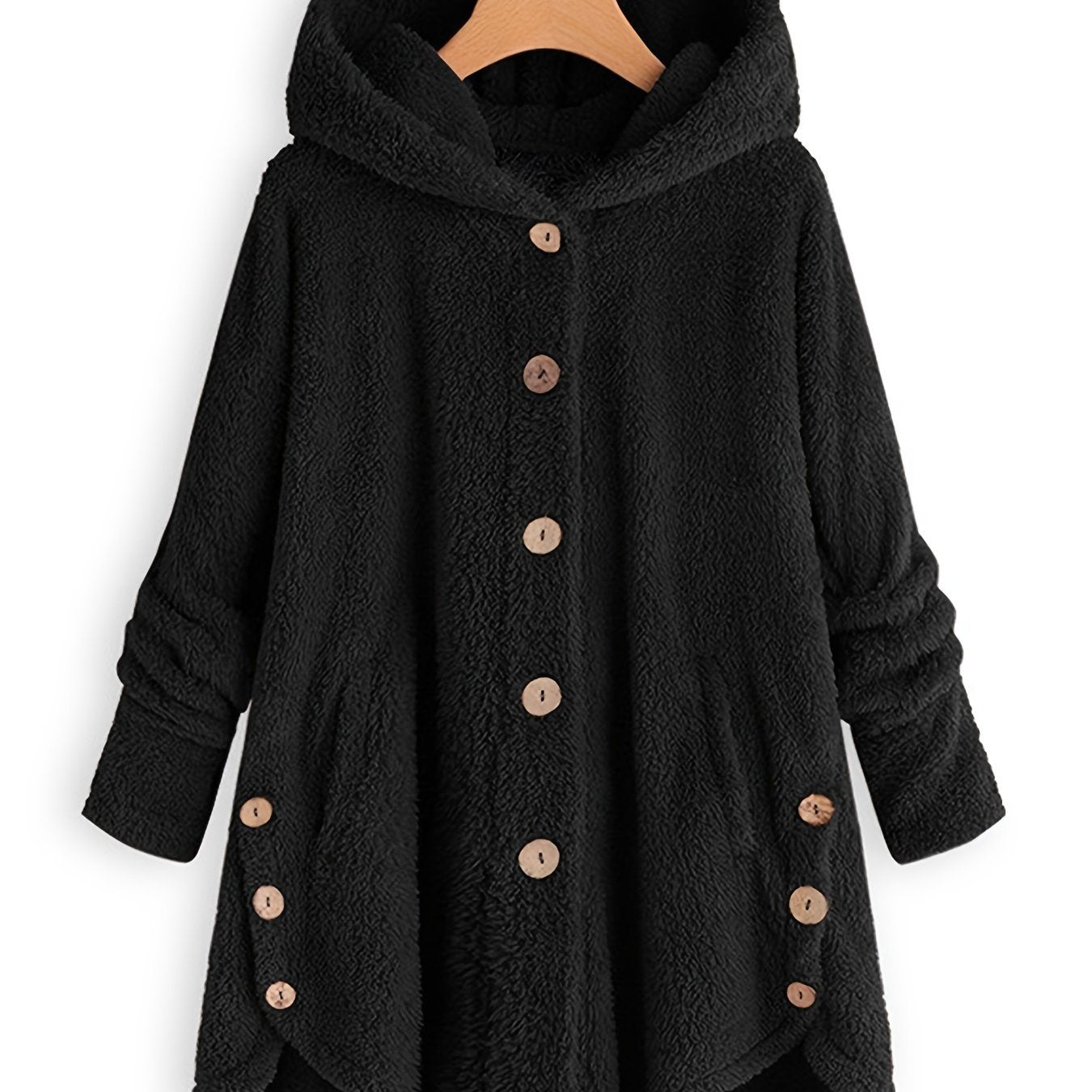 Plus Size Fuzzy Solid Hoodie Long Sleeve Oversized Coat; Women's Plus Slight Stretch Casual Overcoat