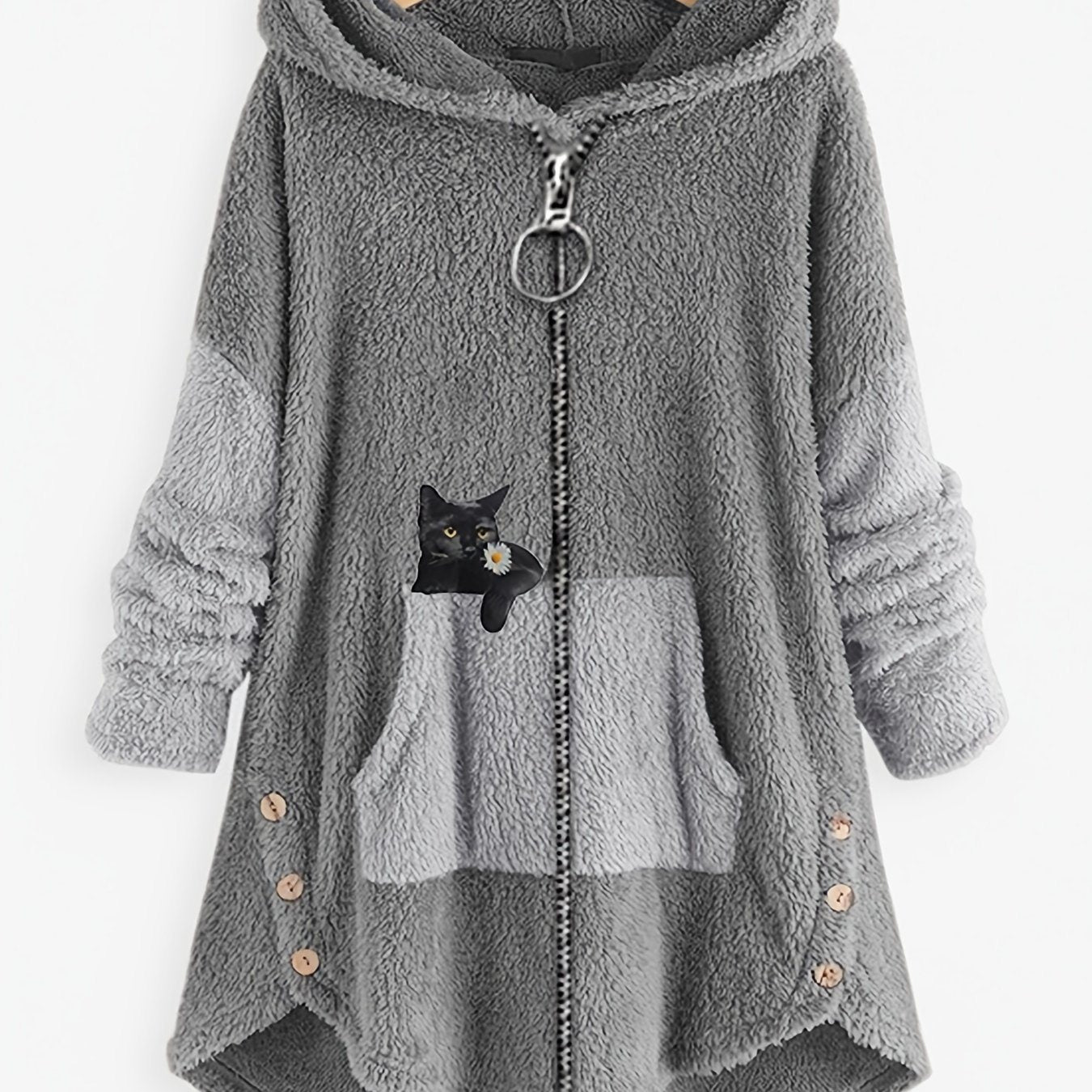 Plus Size Colorblock Cartoon Cat Print Hoodie Zip Up Fuzzy Coat; Women's Plus Slight Stretch Casual Warm Coat