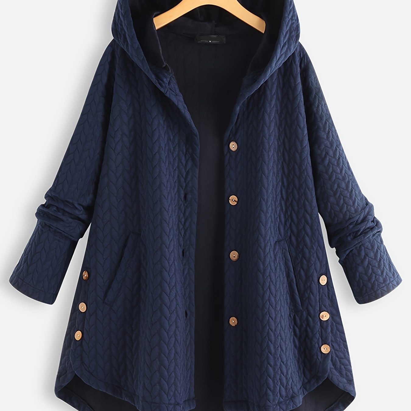 Plus Size Solid Jacquard Long Sleeve Hoodie Coat; Women's Plus Button Up Casual Coat With Pockets