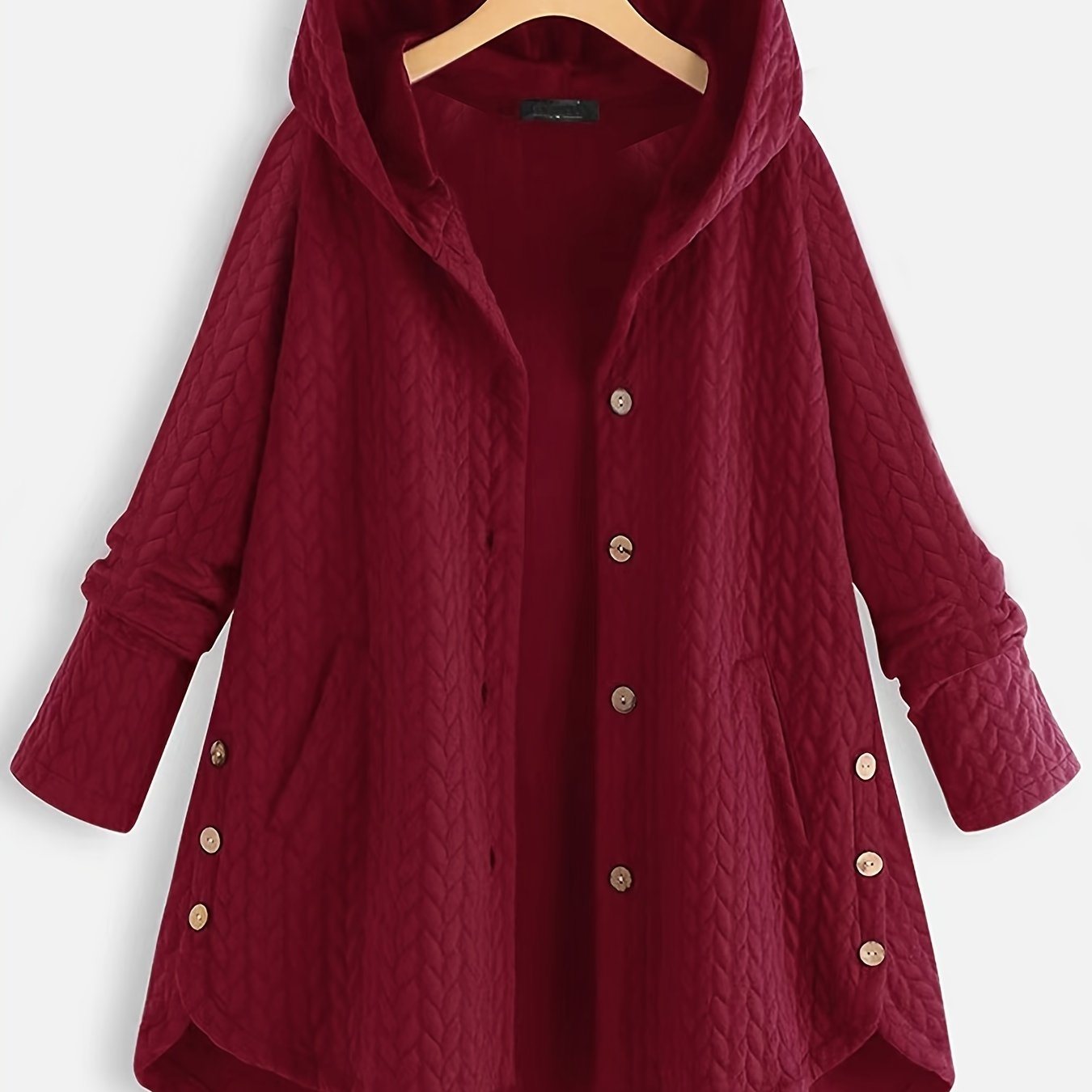 Plus Size Solid Jacquard Long Sleeve Hoodie Coat; Women's Plus Button Up Casual Coat With Pockets