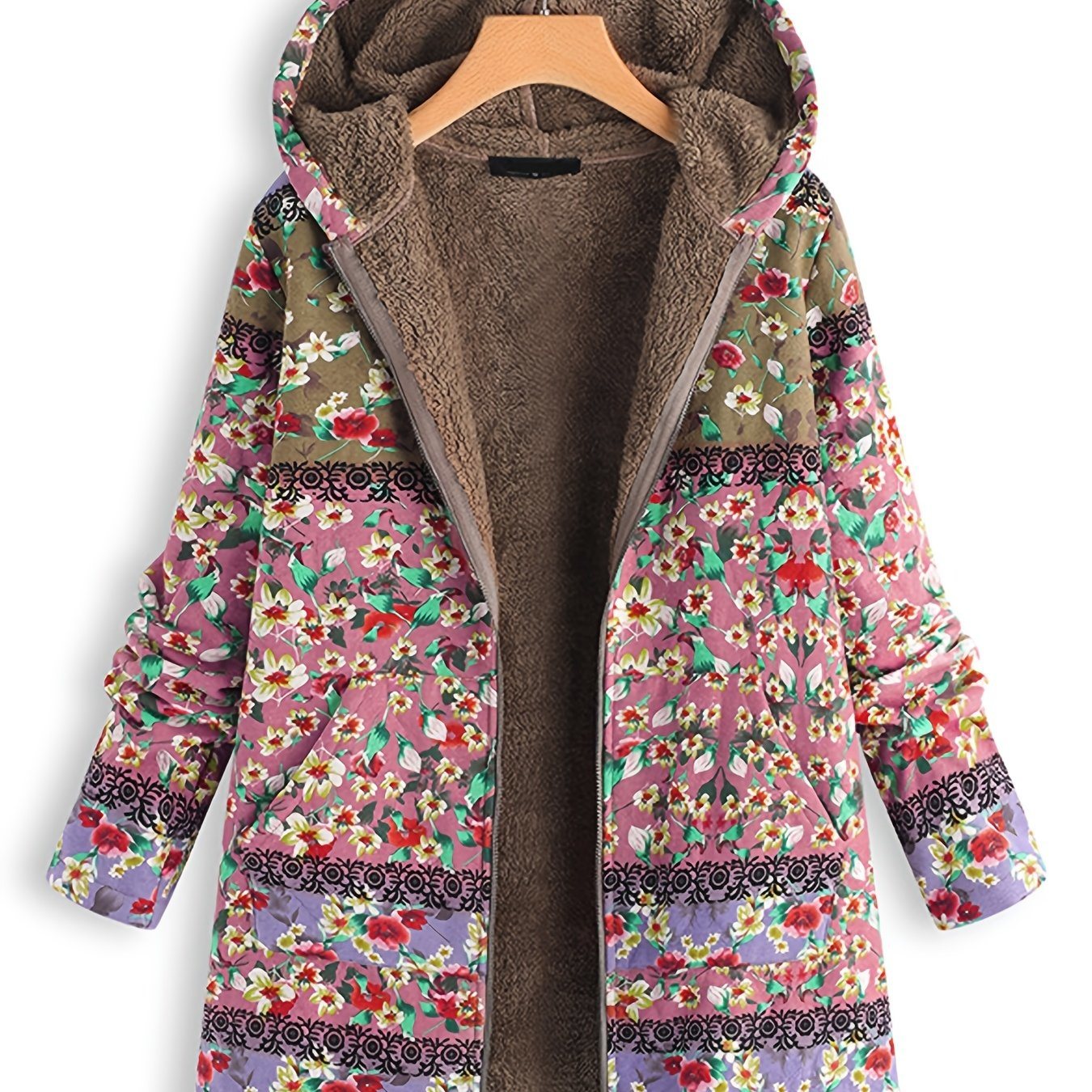 Plus Size Fleece Liner Floral Print Hoodie Coat; Women's Plus Faux Fur Casual Winter Coat